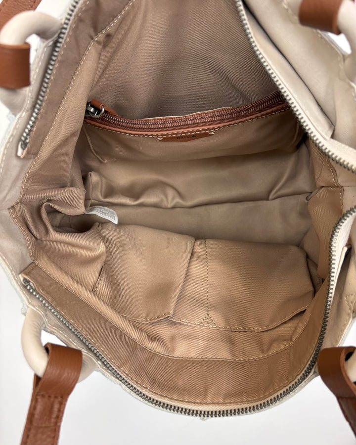 Cream Leather Stitch Panel Tote Bag