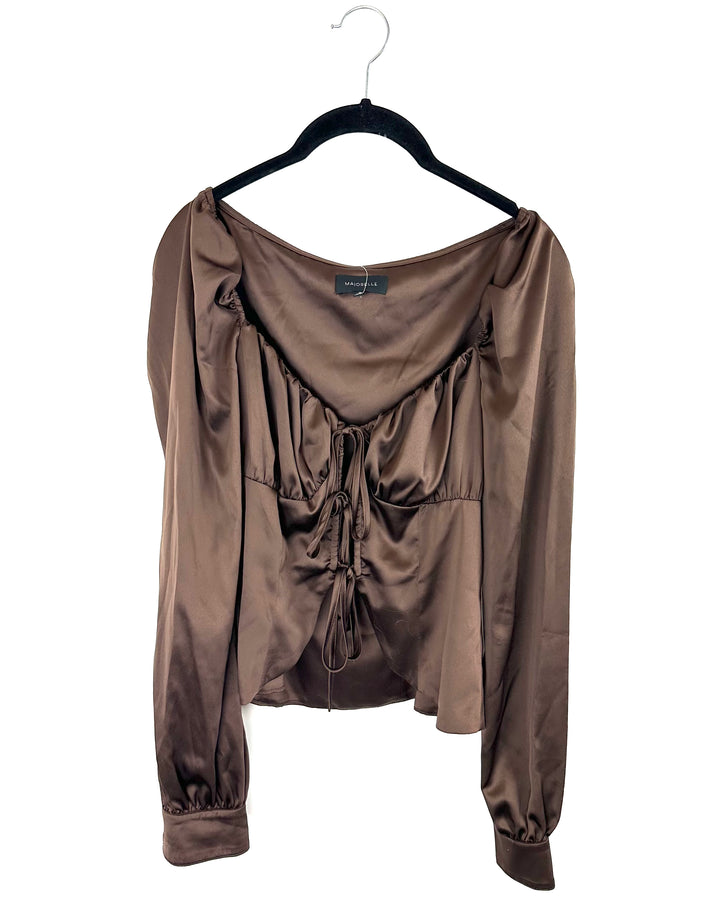 Majorelle Brown Front Tie Closer Top - Extra Small