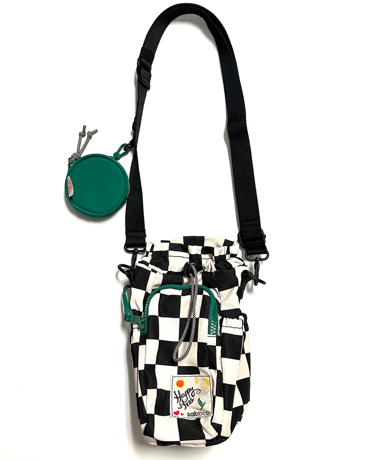 Black and Off White Checkerboard Drawstring Bag
