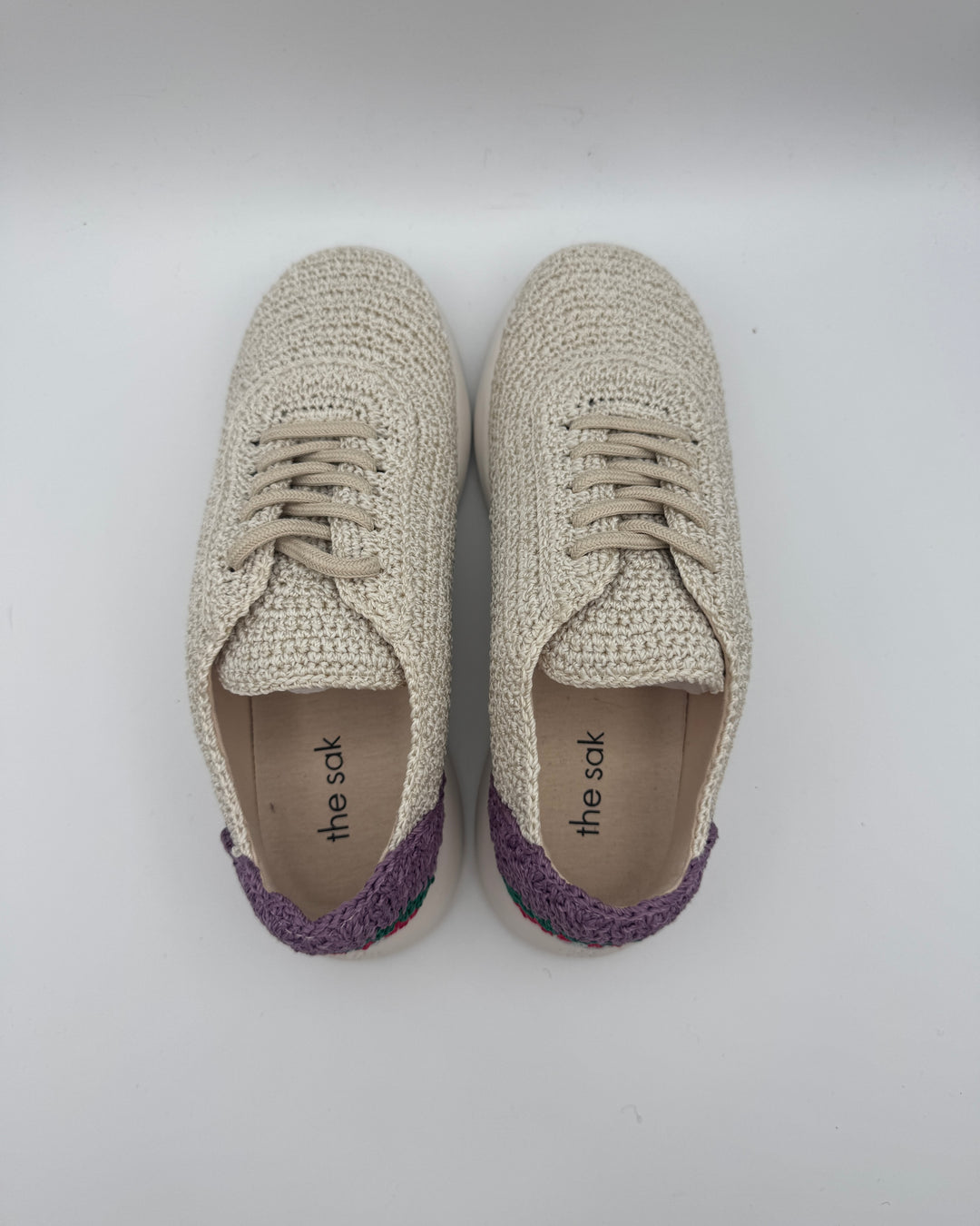 White Crochet Sneakers With Purple Abstract Design - Size 6