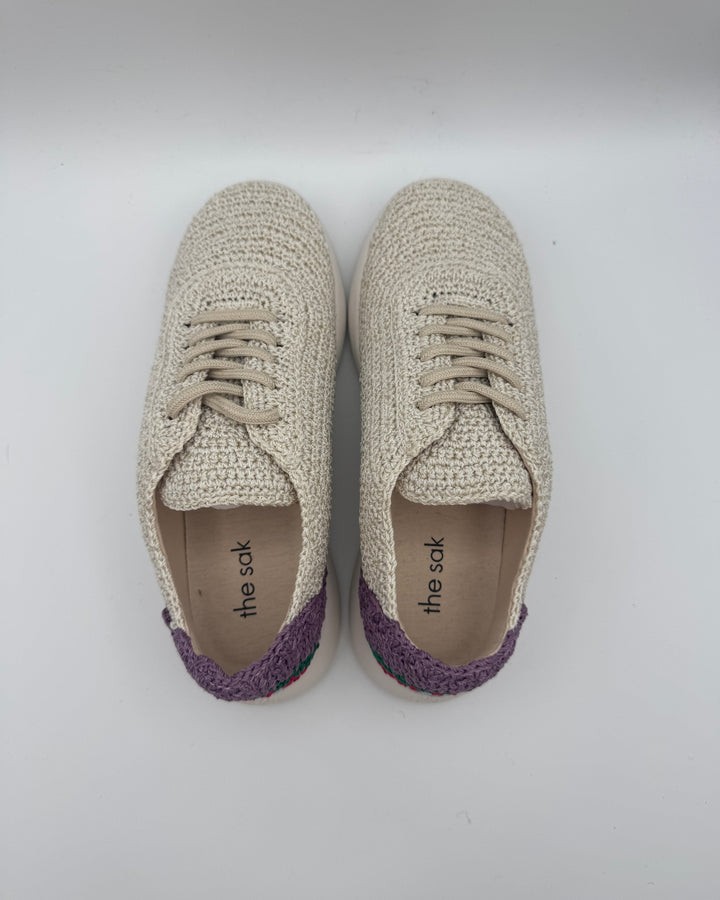 White Crochet Sneakers With Purple Abstract Design - Size 6
