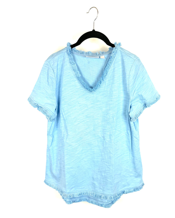 Baby Blue Short Sleeve Fringe Top - Size 6/8