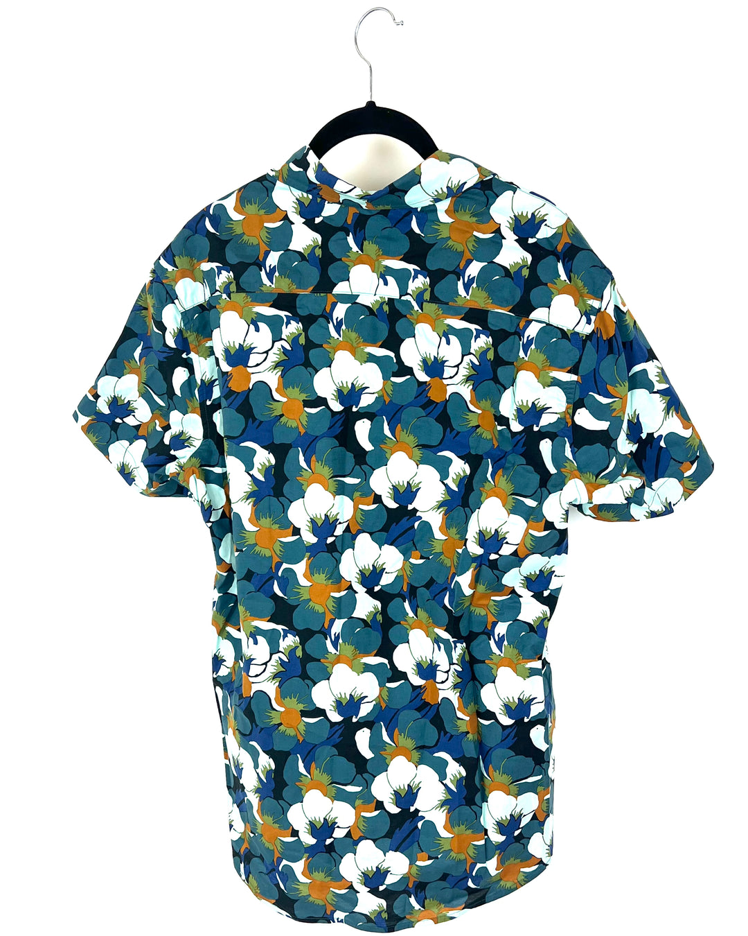 MENS Teal Pansy Flower Patterned Button-Up - Medium