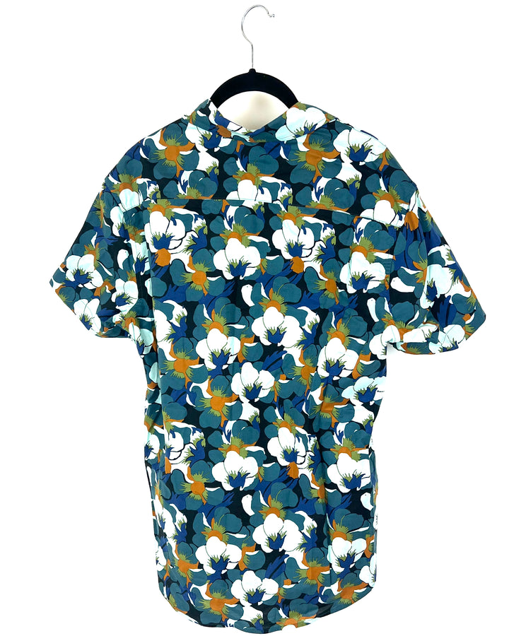 MENS Teal Pansy Flower Patterned Button-Up - Medium