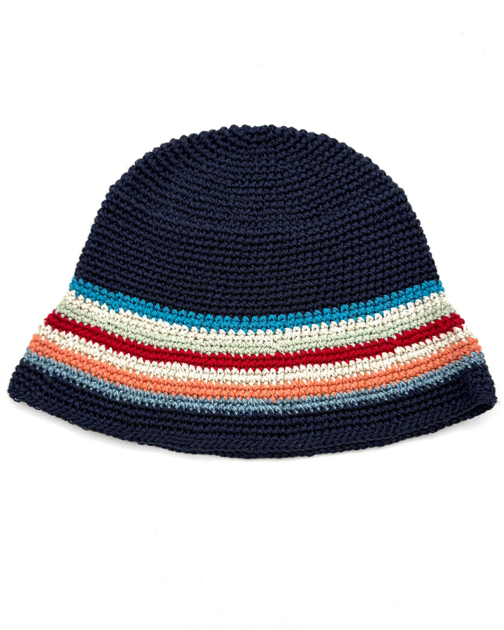 Navy Blue Multicolor Striped Crochet Bucket Hat