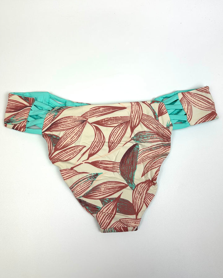Tan & Light Teal Plant Print Reversible Crisscross Bikini Bottom - Small