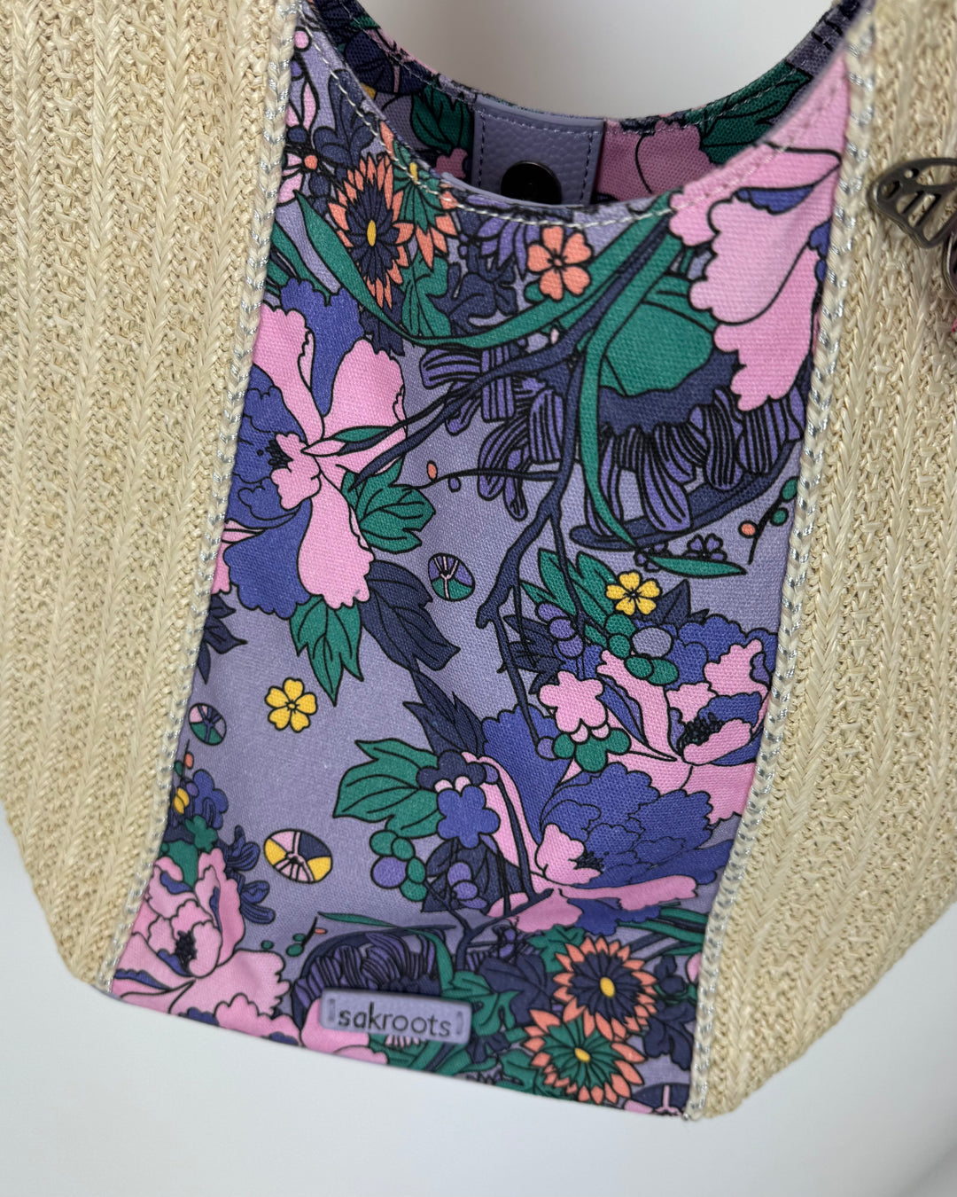 Purple Floral And Raffia Tote Bag