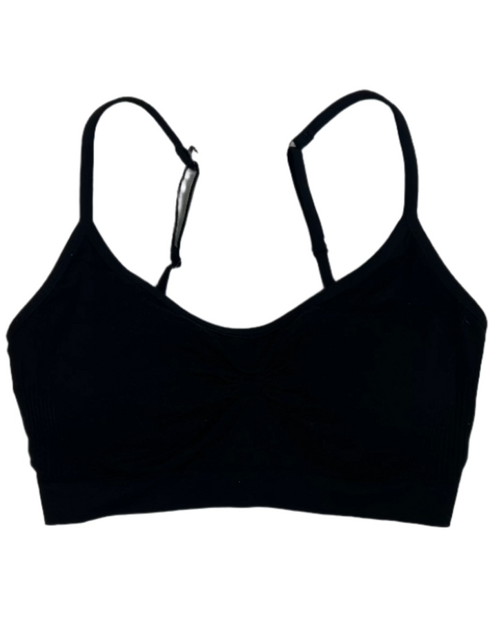 Black Seamless Shirred Spaghetti Strap Sports Bra - Small
