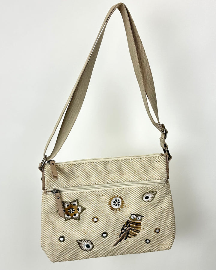 Beige Owl and Floral Embroidered Woven Crossbody Bag
