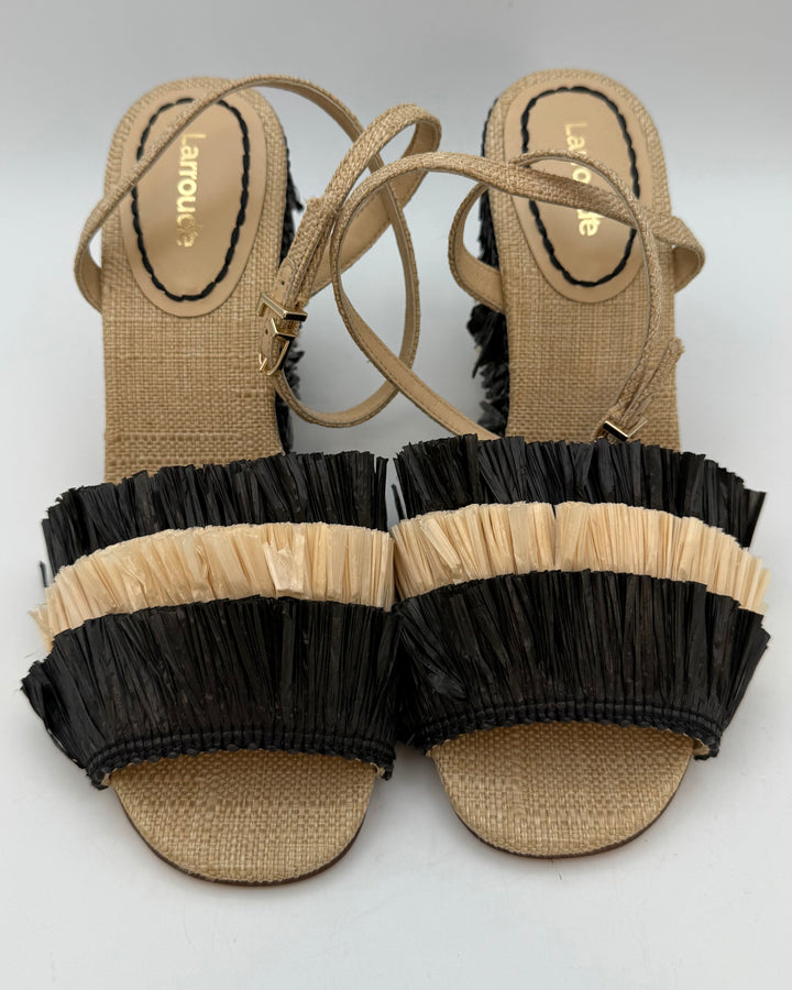 Ivory & Black Straw Fringe Wedge Sandal - Size 6.5