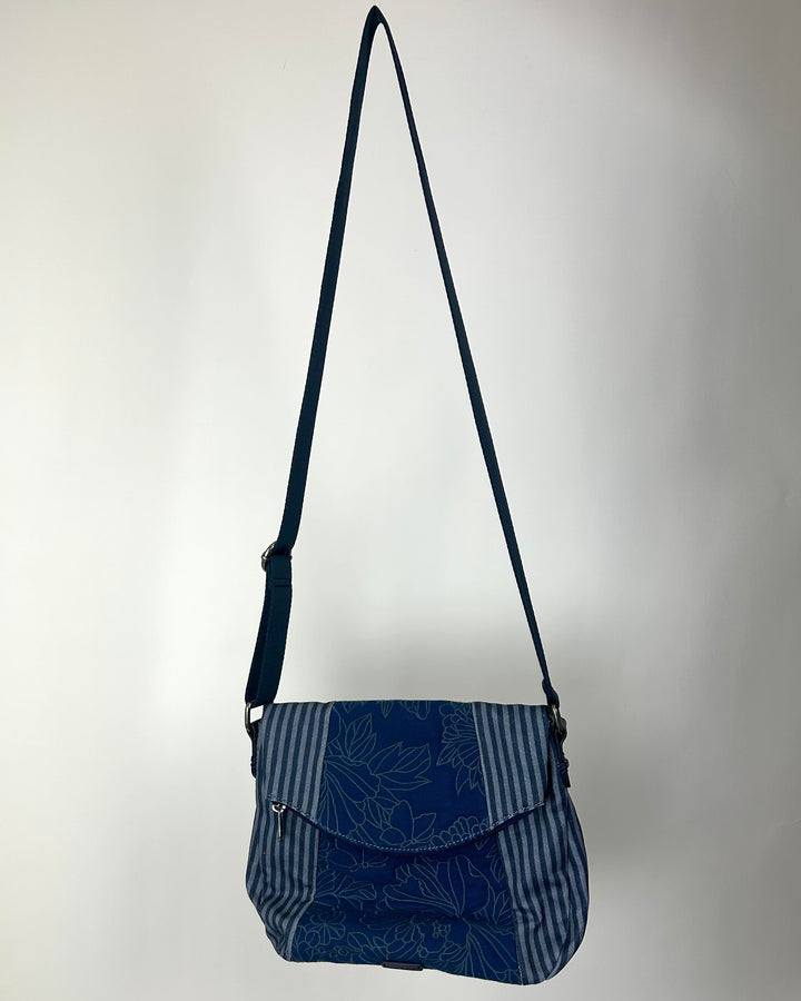 Blue Embroidered Crossbody Bag with Flapover Closure