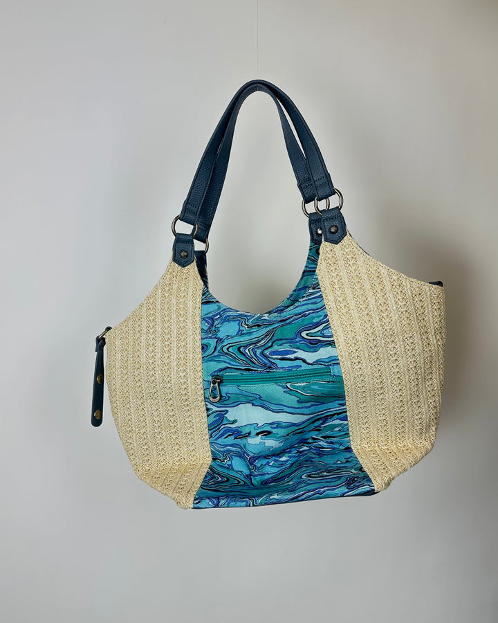 Blue Marble And Raffia Tote Bag