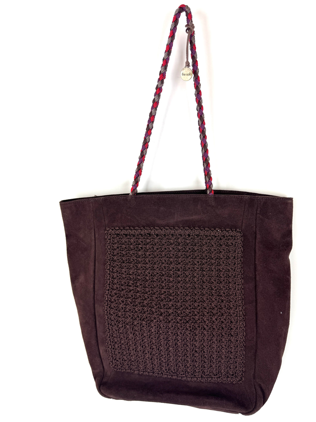 Dark Brown Suede Crochet Tote Bag