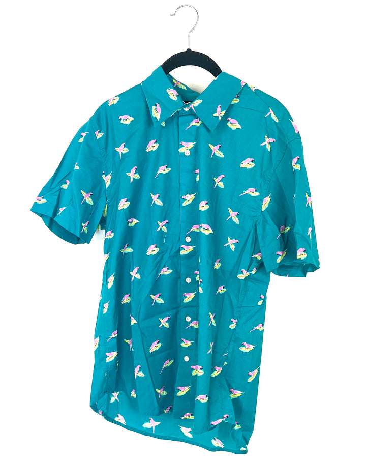 MENS Parrot Riding Surfboard Teal Short Sleeve Button Up - Medium
