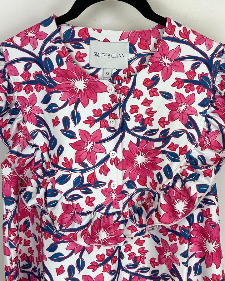 White and Pink Floral Ruffle Top - Size XS, S, M, L, XL, XXL