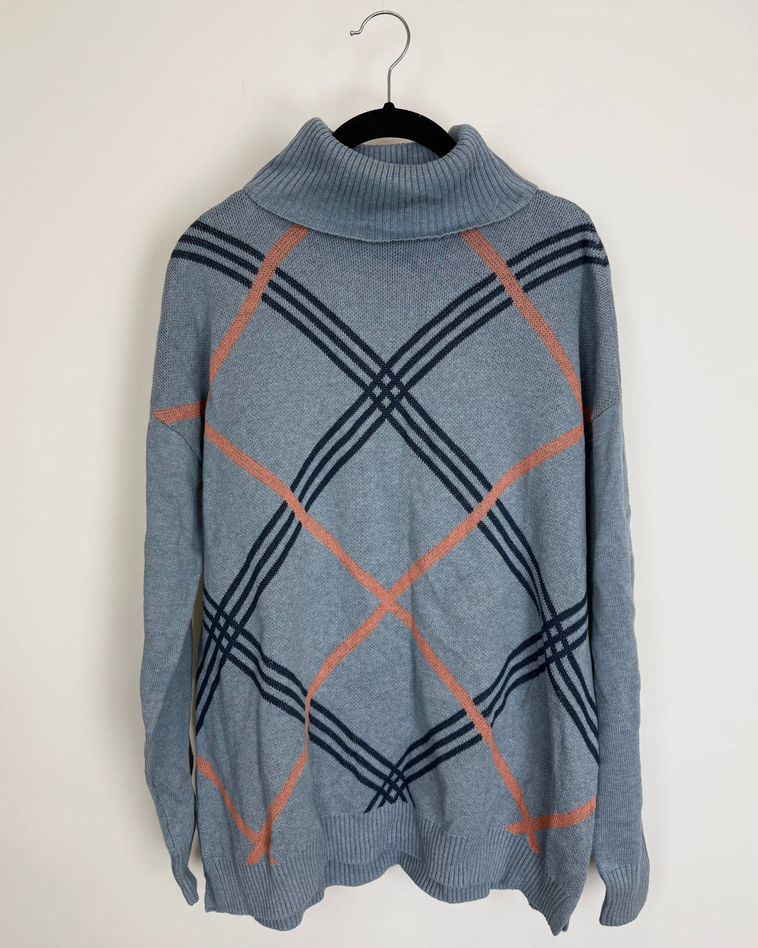 Blue Plaid Turtleneck Sweater - Small