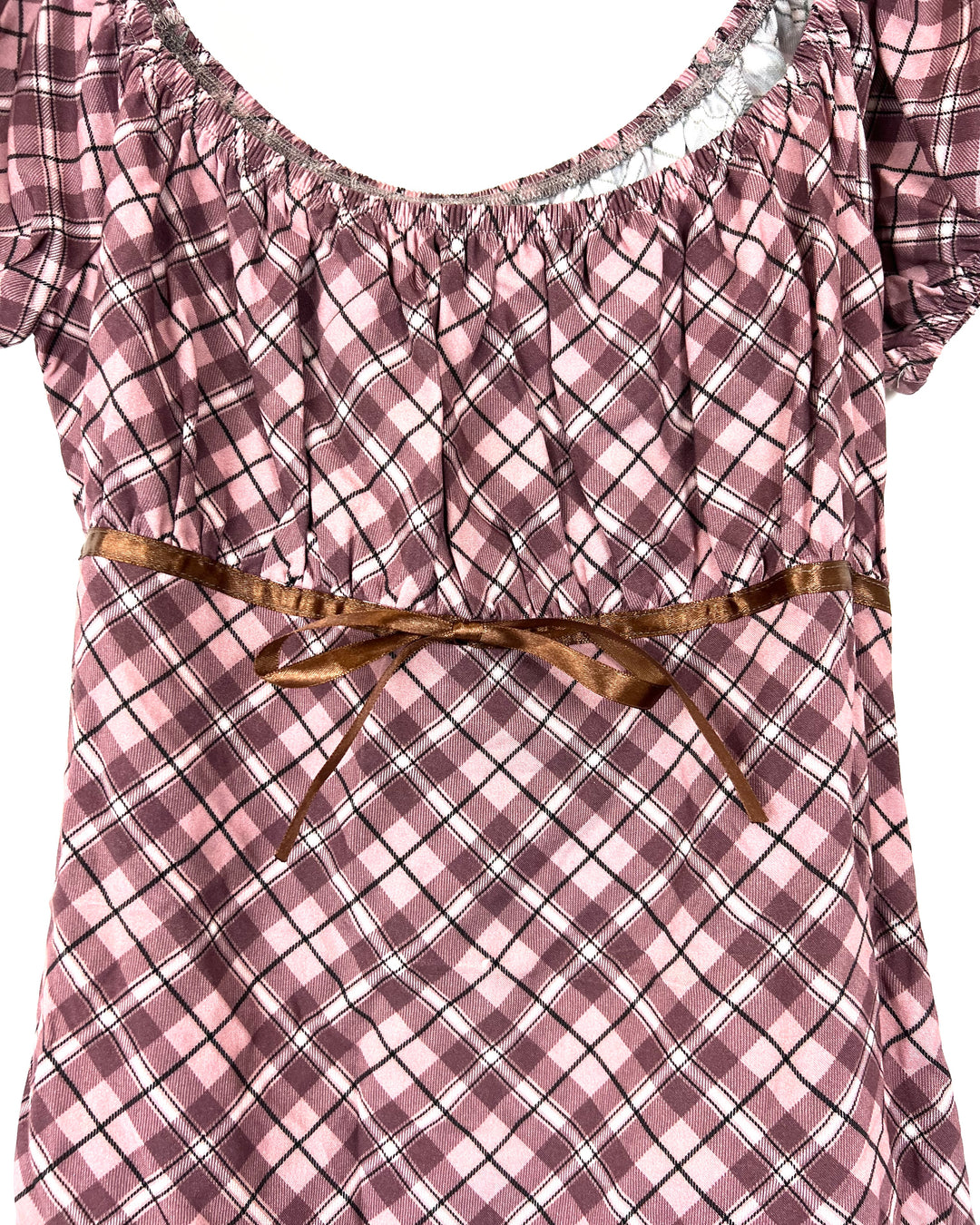 Pink And Brown Plaid Puffed Sleeve Top - Size 4/6