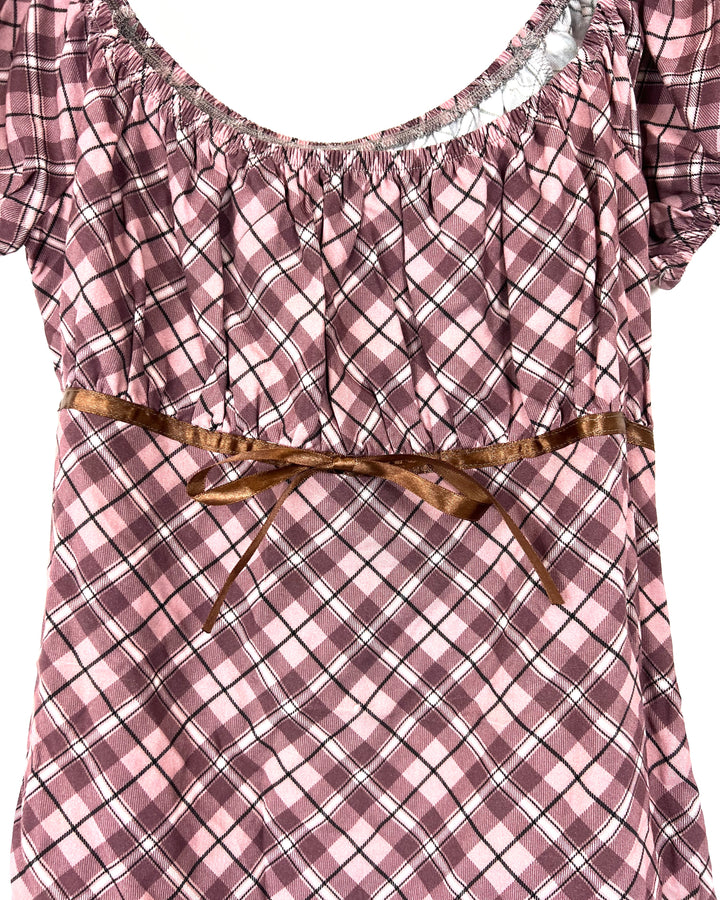 Pink And Brown Plaid Puffed Sleeve Top - Size 4/6