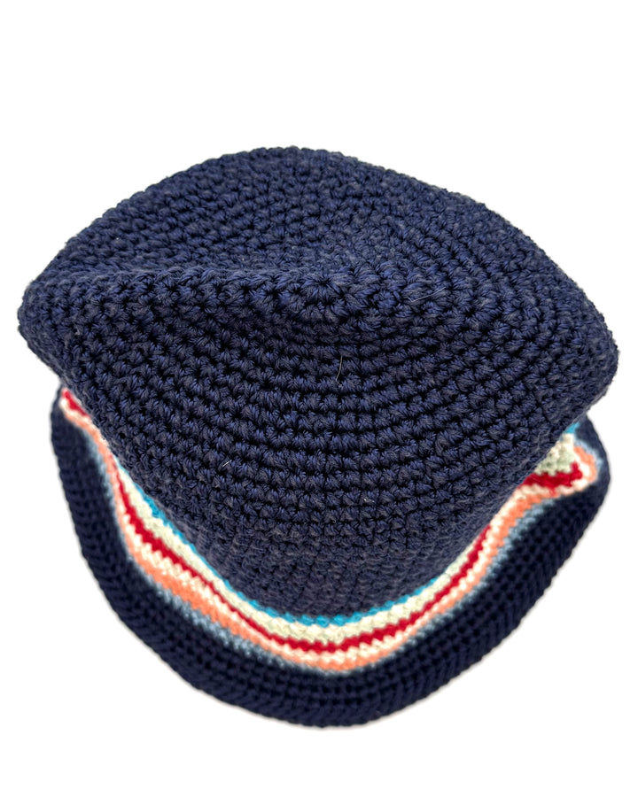 Navy Blue Multicolor Striped Crochet Bucket Hat