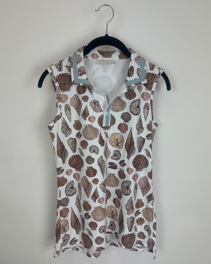 White and Seashell Print Activewear Top - Size 2/4