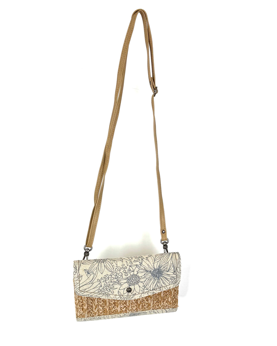 Beige Abstract Floral Woven Wristlet/Crossbody Wallet Bag