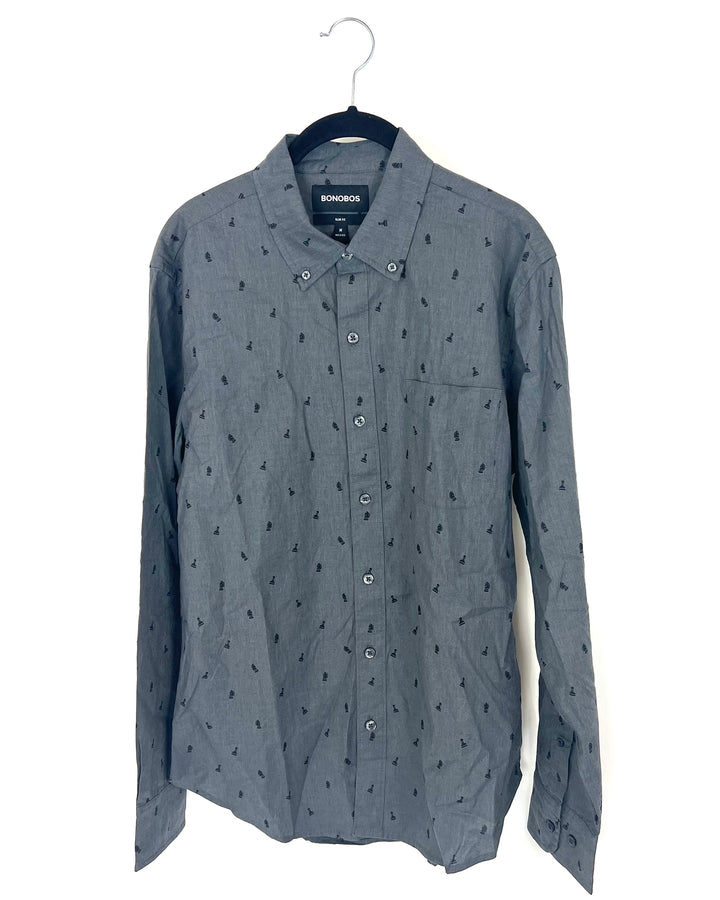 MENS Grey and Black Chess Piece Button Up Shirt - Slim Fit Medium