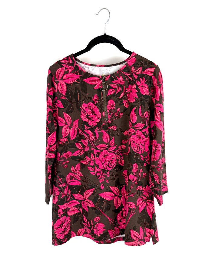 Brown and Pink Floral Pattern Quarter Zip Top - Size 4/6