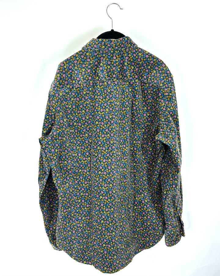 Mens Dark Teal Floral Button Up Shirt - Medium