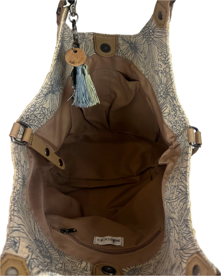 Beige Woven With Blue Floral Stripe Shoulder Bag
