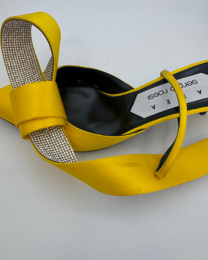 Bright Yellow Rhinestone Bow Kitten Heels - Size 38