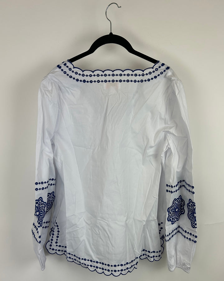 White and Blue Eyelet Long Sleeve - Size 6/8
