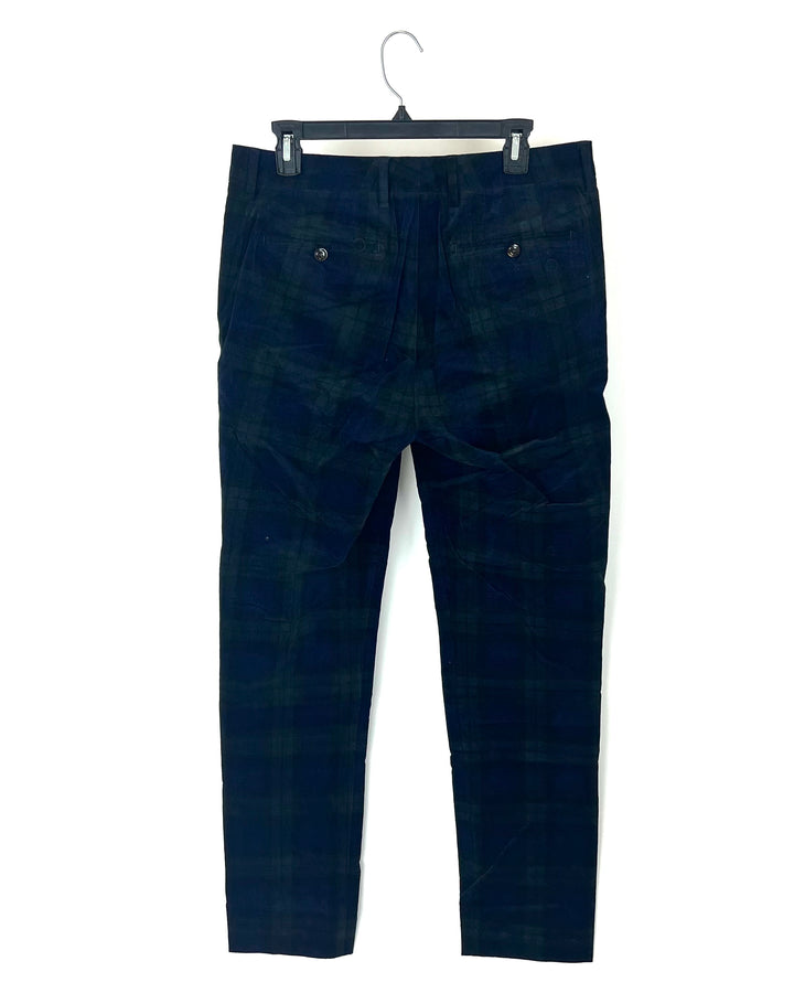 MENS Dark Blue And Green Plaid Velvet Slim Pants - 32X32