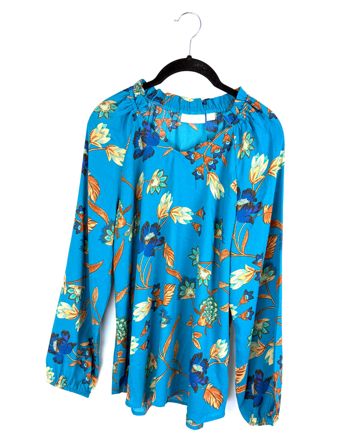 Teal Floral Ruffle Neck Long Sleeve Top- Size 6/8