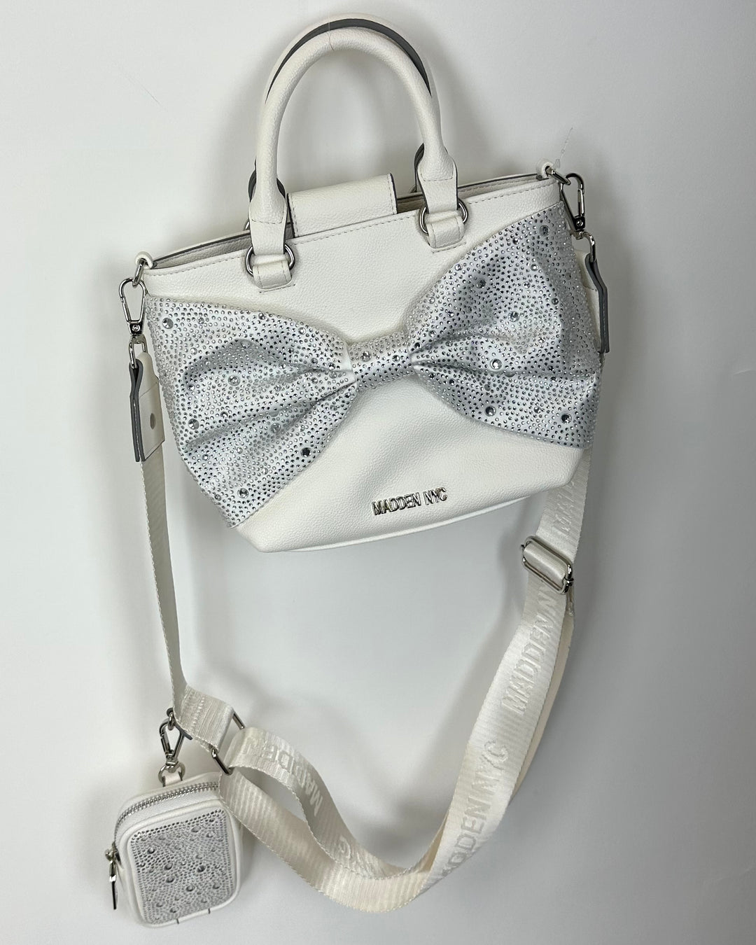 Cream and Silver Rhinestone Bow Bag