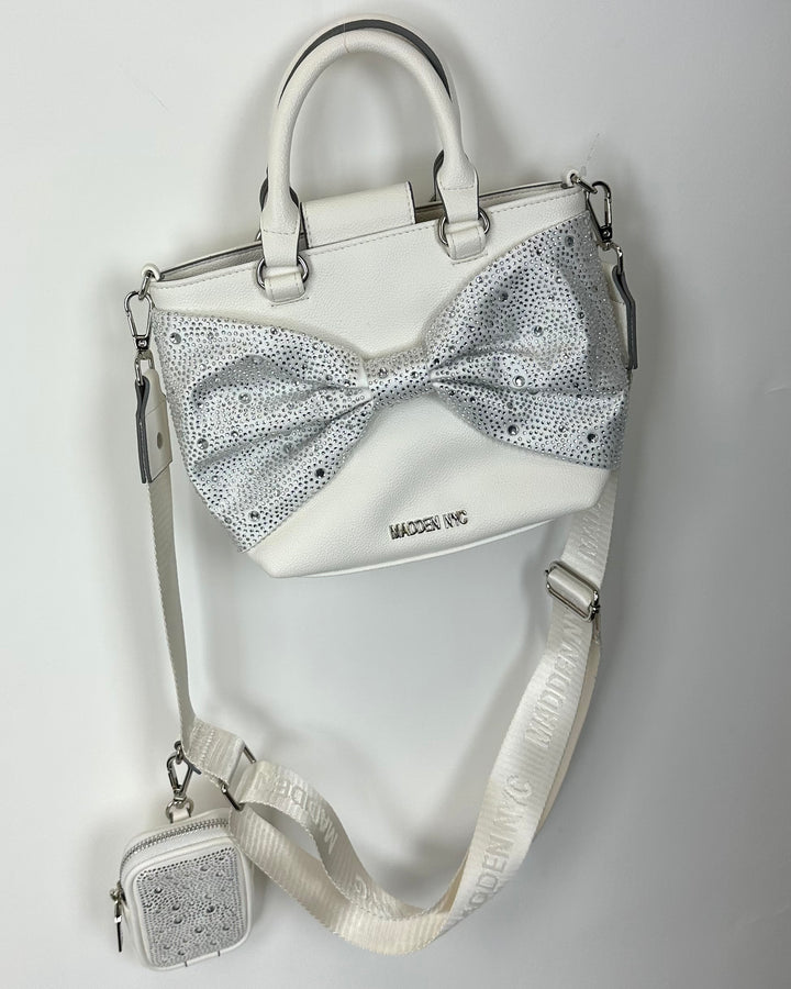 Cream and Silver Rhinestone Bow Bag