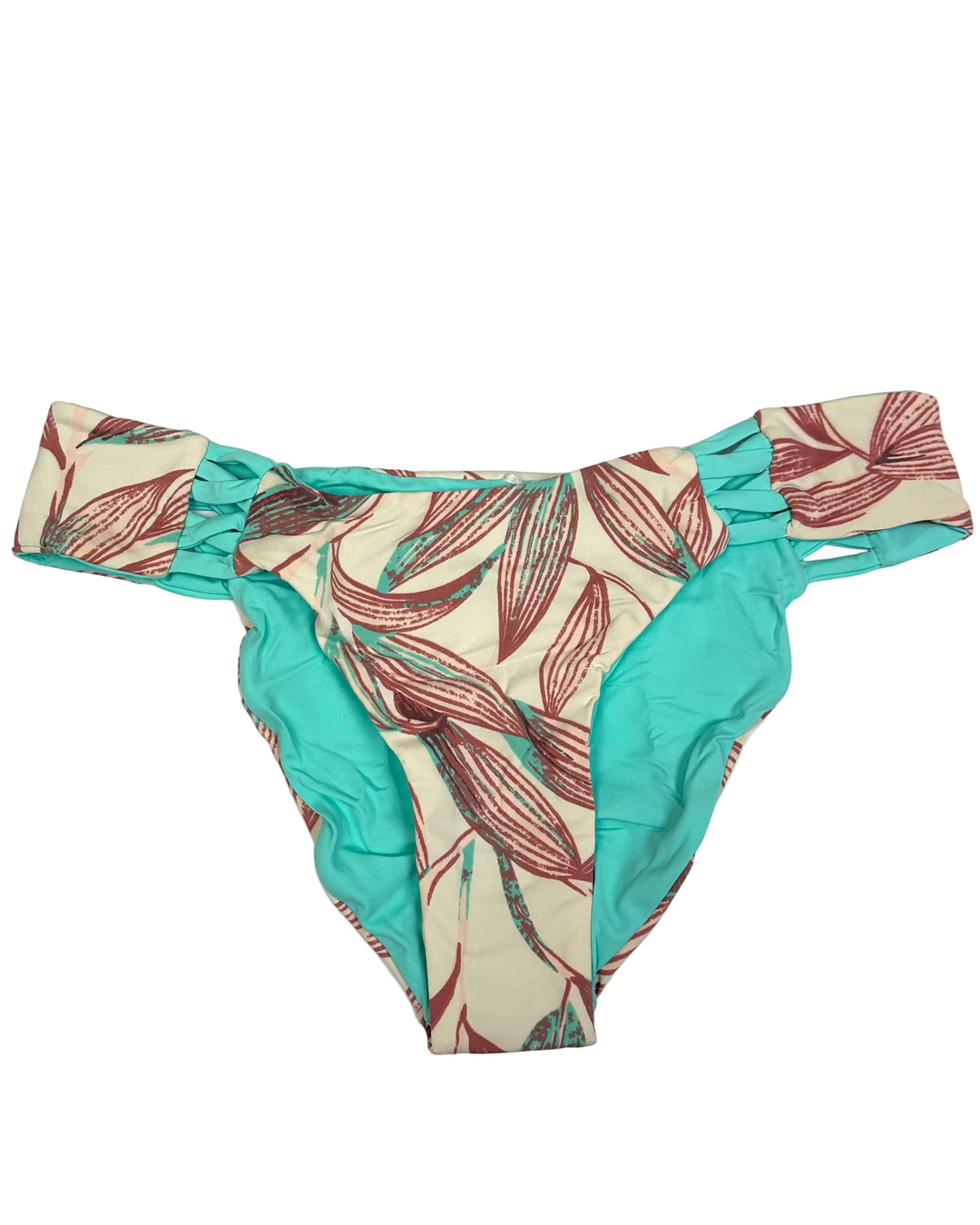 Tan & Light Teal Plant Print Reversible Crisscross Bikini Bottom - Small
