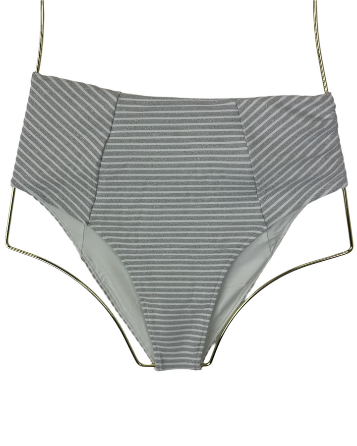 Metallic Silver High Waist Fuller Coverage Bikini Bottom - XS, S, M, XXL