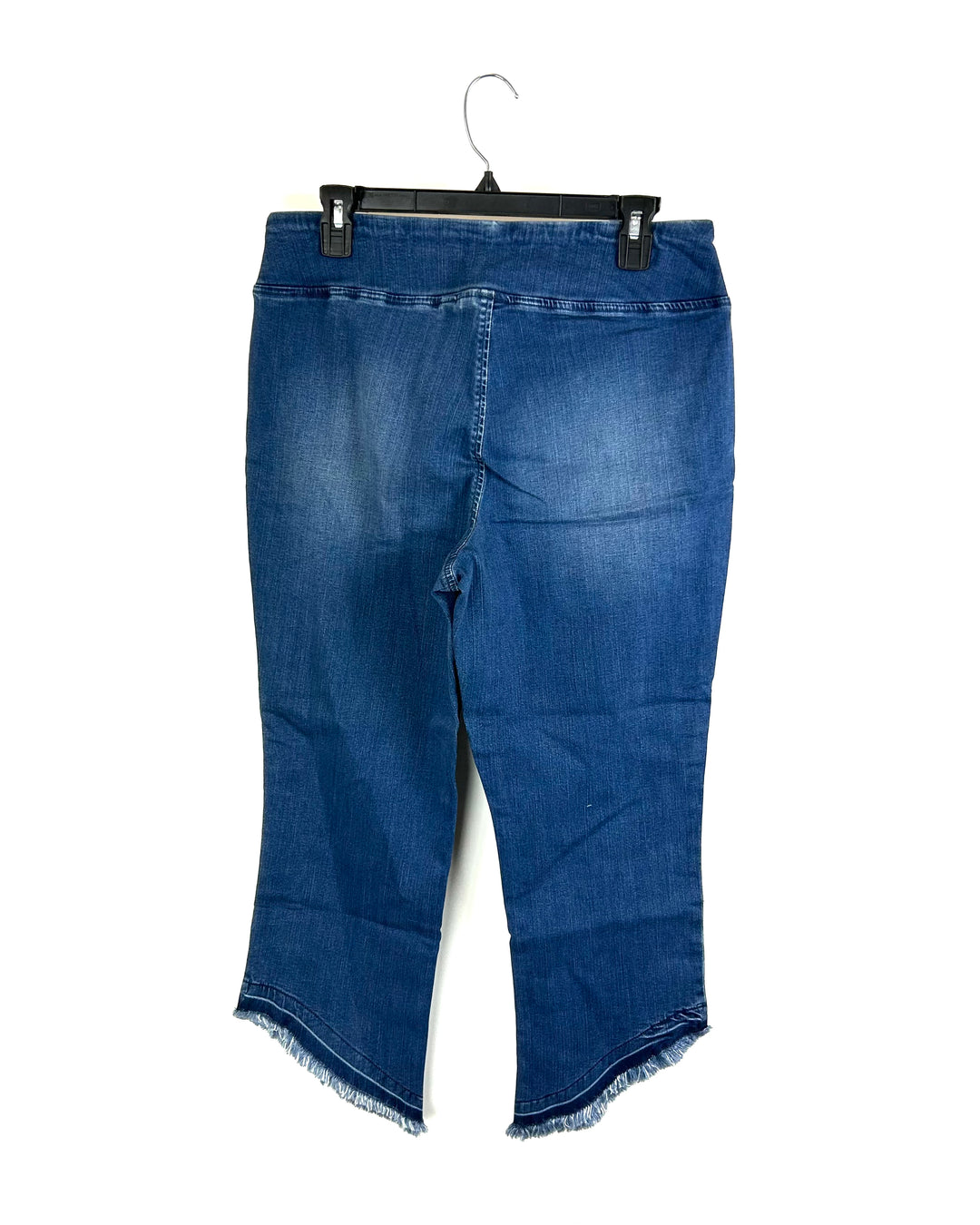 Medium Wash Crop Diagonal Frayed Hem Jeans - Size 12