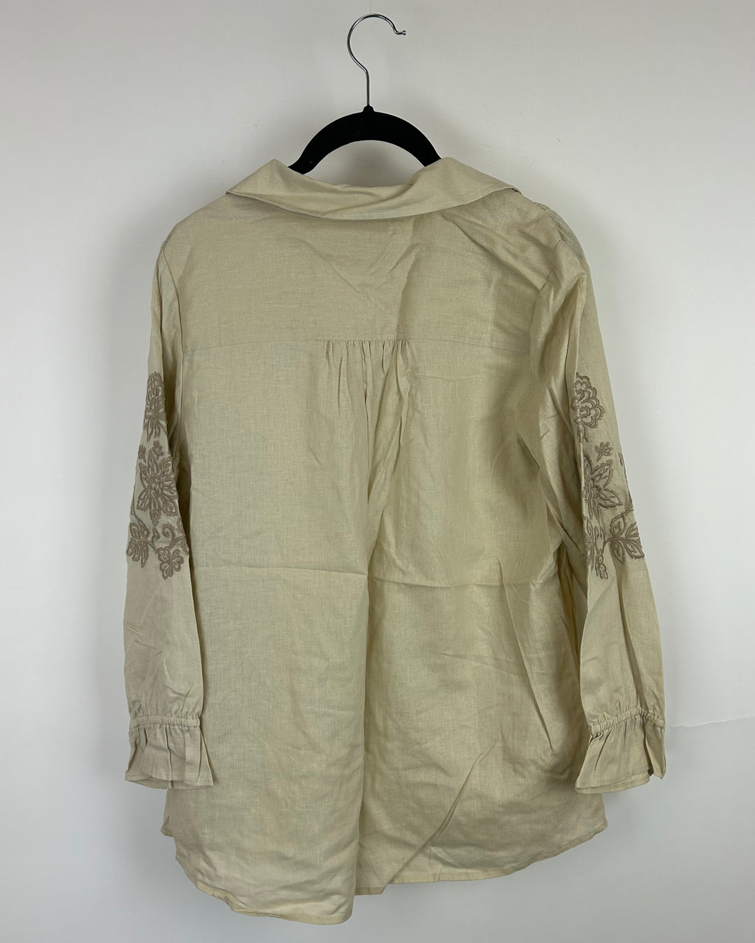 Beige Button-Up Shirt with Embroidered Sleeve- Size 6/8