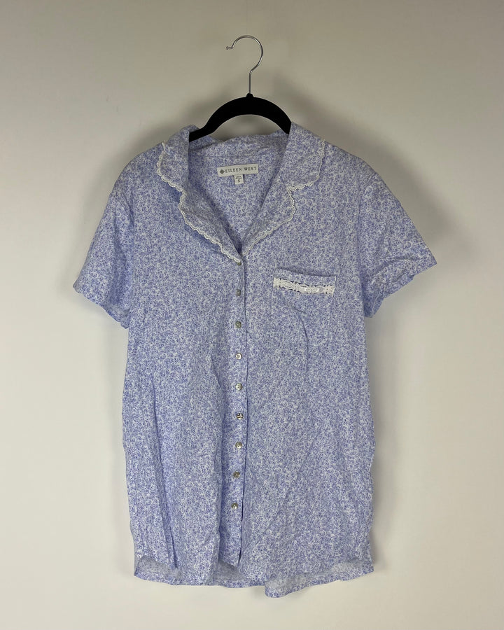 Purple Floral Print Short Sleeve Button Down Sleep Shirt - Small