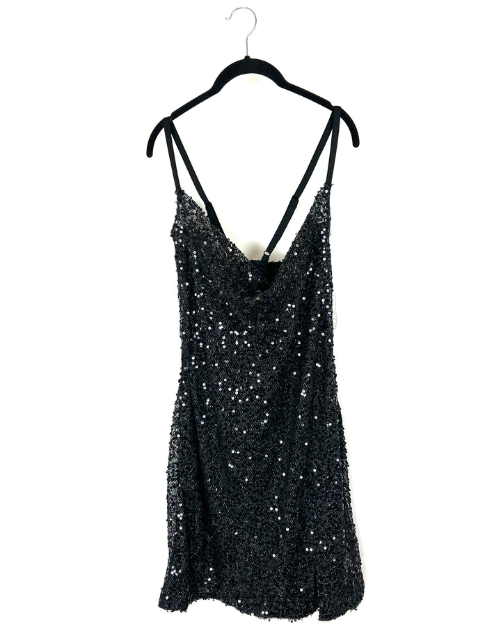 Black Sequin Cowl Neck Mini Dress - Size 16/18