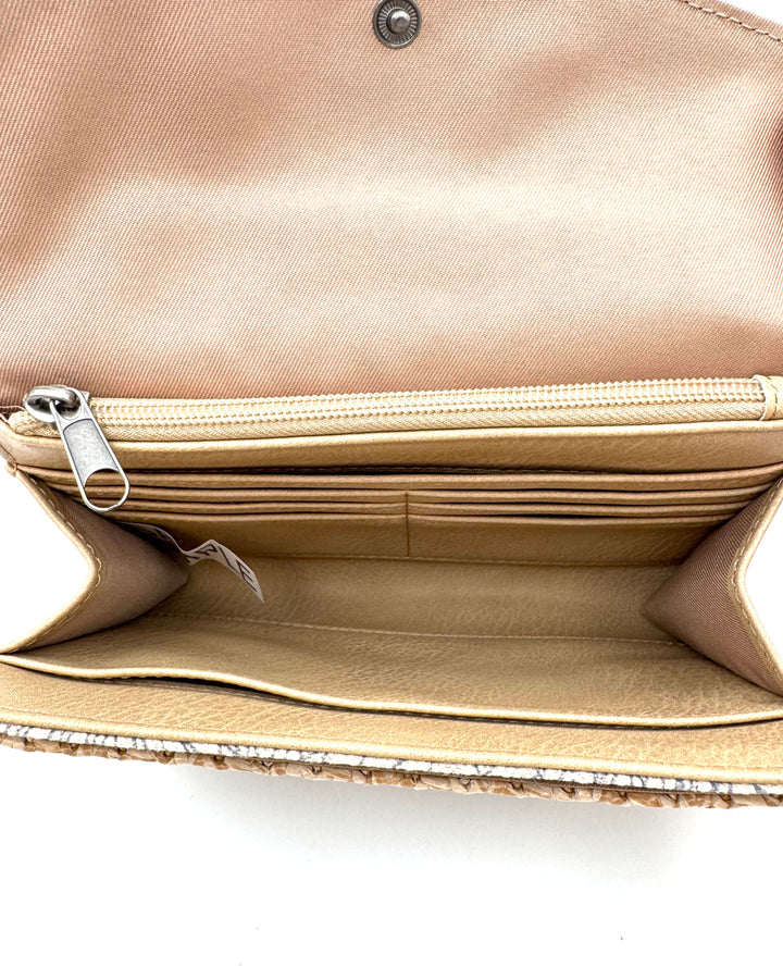 Beige Abstract Floral Woven Wristlet/Crossbody Wallet Bag
