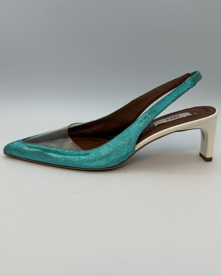 Textured White and Metallic Teal Heels - Size 40