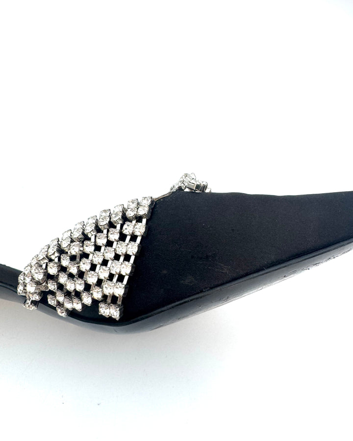 Black Satin Rhinestone Overlay Kitten Heels - Size 39