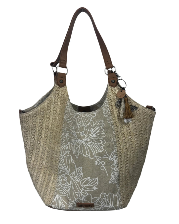 Beige Woven With Tan Floral Stripe Shoulder Bag