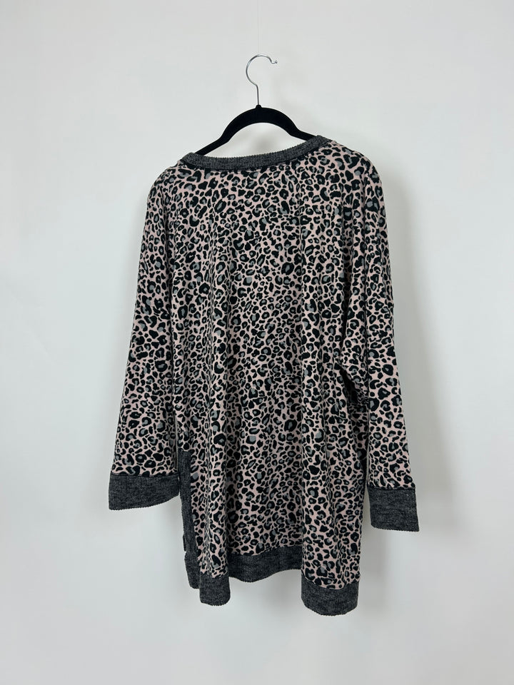 Gray and Pink Leopard Print Lounge Top - 1X