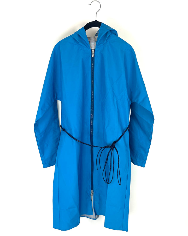 Bright Blue Long Raincoat With Bungee Belt - Size 2/4, 6/8 and 8/10
