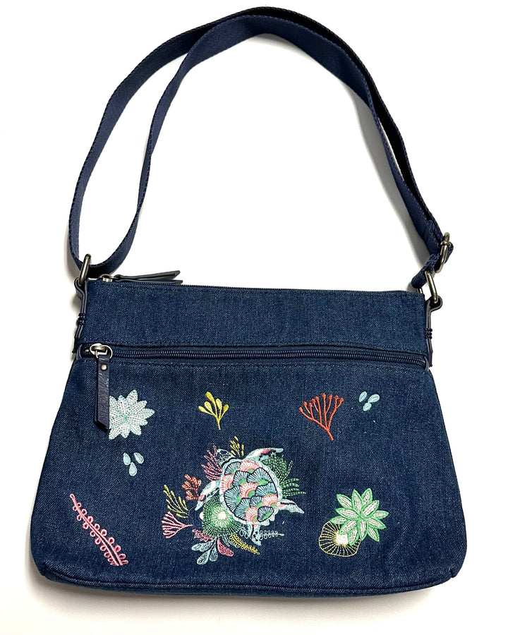 Navy Blue Denim Embroidered Crossbody Bag
