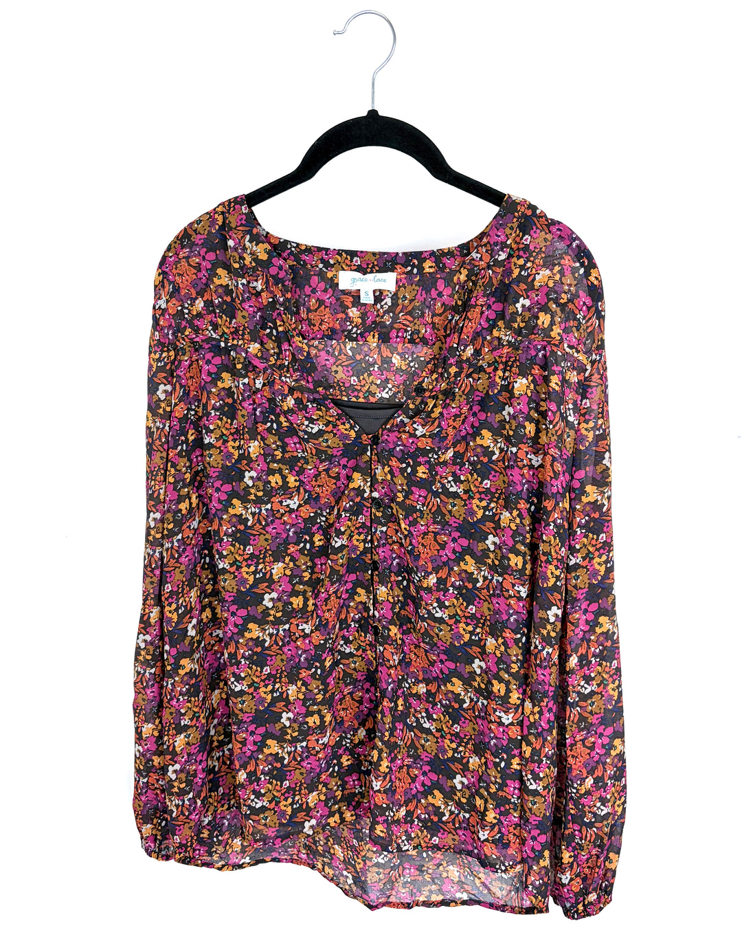 Sheer Floral Button-Up with Brown Tank Top - Size 2/4 and 4/6