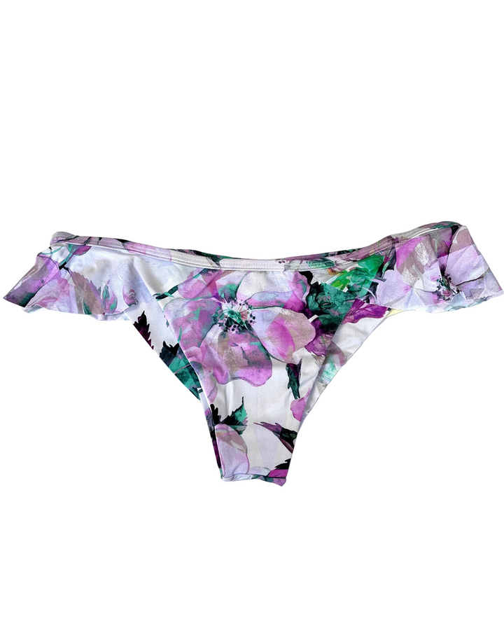 Purple Floral and White Ruffle Low Rise Bikini Bottom - Large